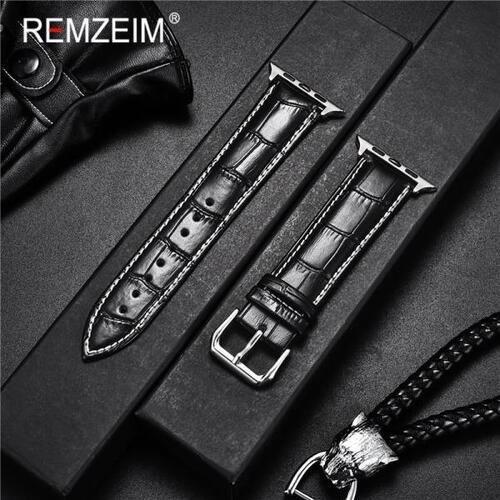 REMZEIM-애플워치 밴드 시리즈 SE/6/5/4/3/2/1 용 가죽 시계 밴드, 42mm 38mm, 여자 남성 가죽 시계 밴드 스트랩 44mm 40mm