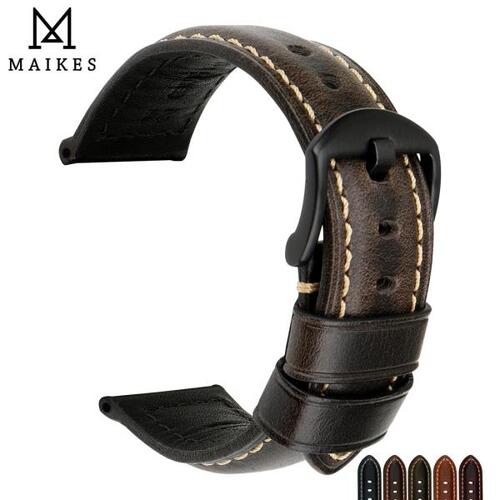 MAIKES-시계 스트랩 팔찌, 20mm/22mm/24mm, 빈티지 암소가죽 시계 밴드, 파네라이 화석 시계 밴드