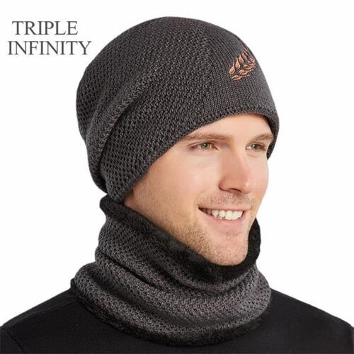 트리플 인피니티남성 모자, 두껍고 따뜻한 얼굴 커버 보닛, 부드럽고 편한 니트 블랙 모자 스카프 비니 투피스 슈트