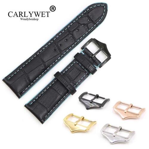 CARLYWET-18 20 22mm 블랙 리얼 송아지 가죽 교체용 손목 시계 밴드 스트랩, 블루 스티치, 실버 색상 광택 버클