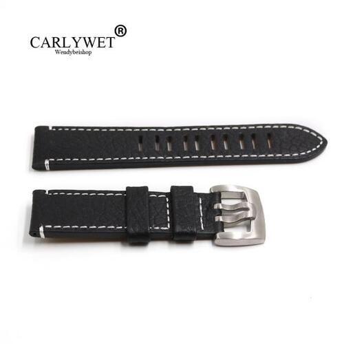 CARLYWET-23mm   가죽 블랙 핸드메이드 두꺼운 빈티지 손목 시계 밴드 스트랩 벨트, 더블 혀 핀 버클