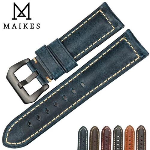 MAIKES-시계 스트랩, 22mm/24mm/26mm, 시계 액세서리, 블랙 버클, 이탈리아 빈티지 블루 가죽 시계 밴드, 파네라이 시계 밴드