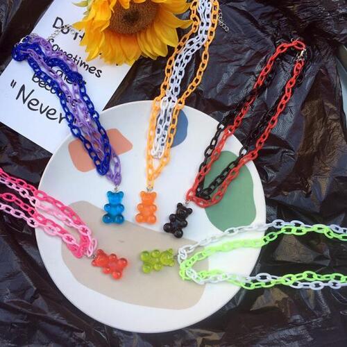 Cute Bear Pendant Acrylic Chain Necklace Women Men Hip Hop Colorful Double Layer Plastic Necklace C