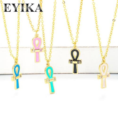 EYIKA 이집트 십자가 Ankh 펜던트 목걸이 여러 가지 빛깔의 에나멜 지르콘 키 오브 라이프 칼라 여자 골드 컬러 아프리카 쥬얼리 기념품