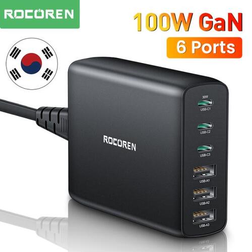 Rocoren-100W GaN 고속 충전기, 6 포트 USB c형 PD 아이폰 14 13 프로 샤오미 4.0 3.0 USB 데스크탑 충전기