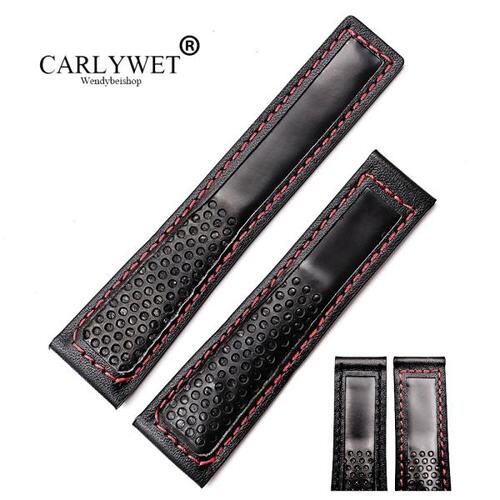 CARLYWET-천연 소가죽 시계 밴드 스트랩 벨트, 22mm,   블랙, 고품질 정품