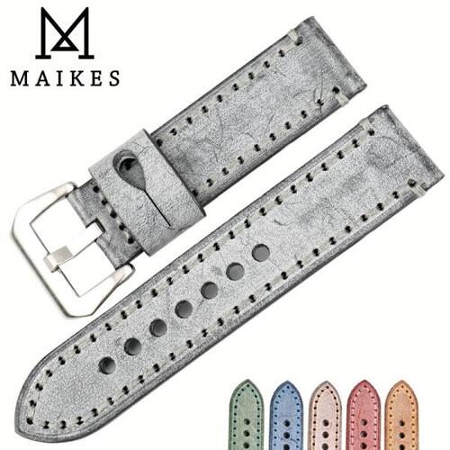 MAIKES-빈티지 가죽 시계 밴드, 22mm/24mm, 이탈리아 고삐 가죽 시계 스트랩, 회색 시계 밴드, 시계 액세서리
