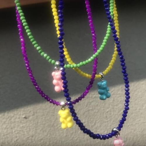 Summer Korean Cute Candy Color Bear Beaded Necklace for Women Girl Simple Rainbow Glass Seed Beads C