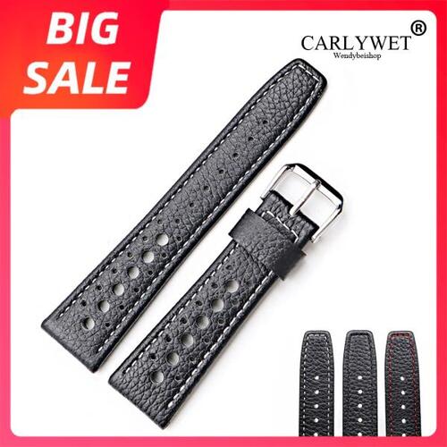 CARLYWET-20 22mm 최고 고품질  가죽 교체 용 손목 시계 밴드 스트랩 벨트, 태그 호이어 IWC 용 실버 블랙 걸쇠 포함