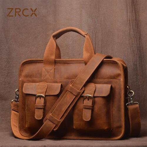 ZRCX-빈티지 천연가죽 가방 남자, 14 인치 노트북 가방, 어깨, 비즈니스 , 갈색