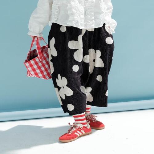 Imakokoni-오리지널 디자인 일본 신축성 허리 플라워 폴카 도트 패턴 바지, 캐주얼 스위트 와이드 레그 팬츠, 여자복