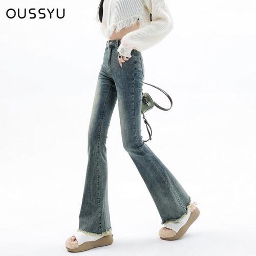 Spring Summer Flare Jeans Women Cotton Vintage Blue Denim Pants 스트릿 Elastic High Waist Slim Harajuku