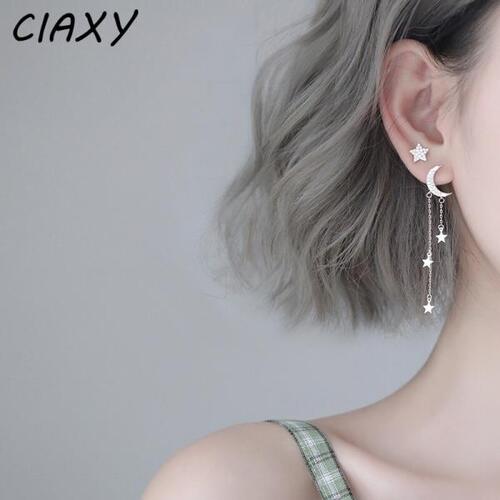 CIAXY-실버 컬러 비대칭 스타와 달 여자 귀걸이, 기질 긴 술 지르콘 스터드 귀걸이 쥬얼리