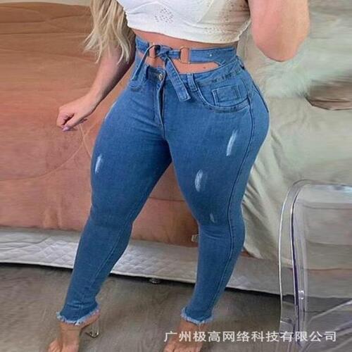Women#39s High Waist Ripped Jeans 2022 SummerSexy Hollow Out Jeans Casual Vintage Blue Wash Fine Str
