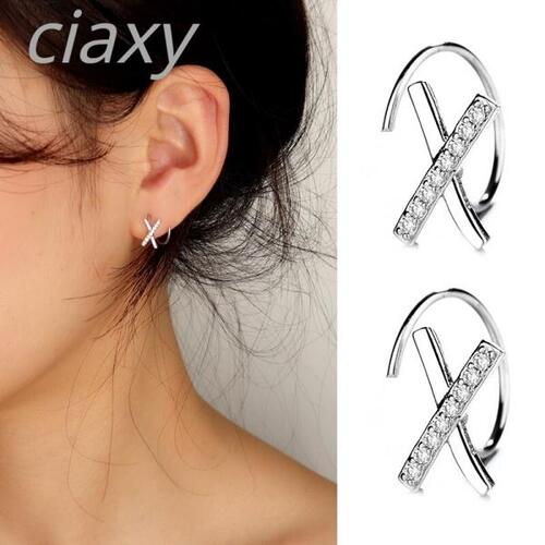 CIAXY-실버 컬러 상감 지르콘 텍스트 디자인 X 귀걸이 커브 크로스 여자 귀걸이, 작고 신선한 보석