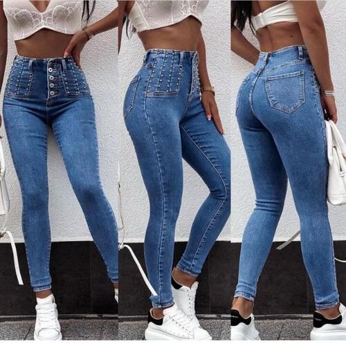 2023 Women Stretch Slim Jeans High Waist Push Up Hips Buttons Elastic Cotton Blue Denim Pants Female