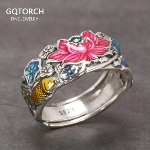 Sterling Silver S925 Women#39s Enamel Carp Lotus Ring Antique Hollowed Out National Style Jewelry