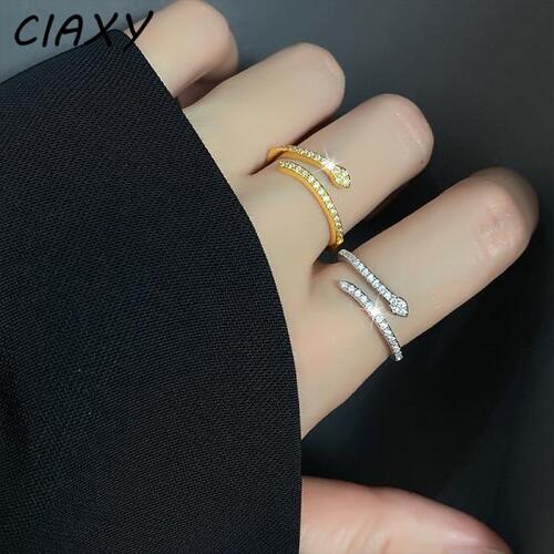 CIAXY-실버 컬러 샤이니 지르콘 슬림 스네이크 반지, 여자 조절 가능한 오픈 조디악 반지선물 쥬얼리