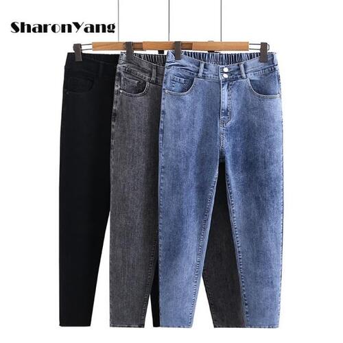 55-105Kg Baggy Jeans 여자 High Waisted Women Jeans Large Size Blue Jeans Elastic Black Denim Trousers