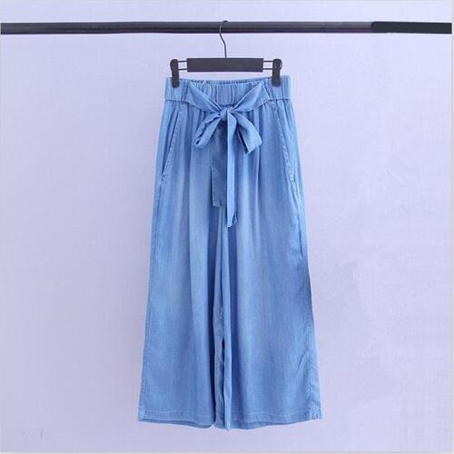 Women Solid Ankle-Length Wide Leg Pants Large Size Thin Soft Denim Casual Loose Trousers Tie Waist P