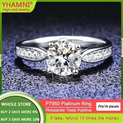 플래티넘 모이사나이트 반지YHAMNI-100%D 컬러 VVS1 모이사나이트 다이아몬드 반지, 오리지널 솔리드 PT950 플래티넘 영원한 반지, 여자 결혼식 웨딩 밴드 MR026