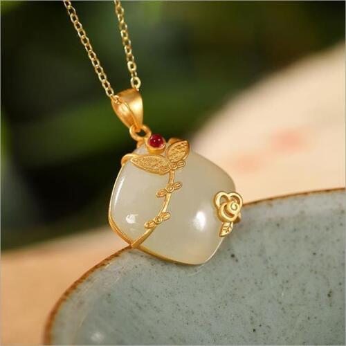 JOS 목걸이 Beauty Roll Bead Curtain. Chinese Style Hotian Jade Pendant Sterling Silver Plated Gold Inla