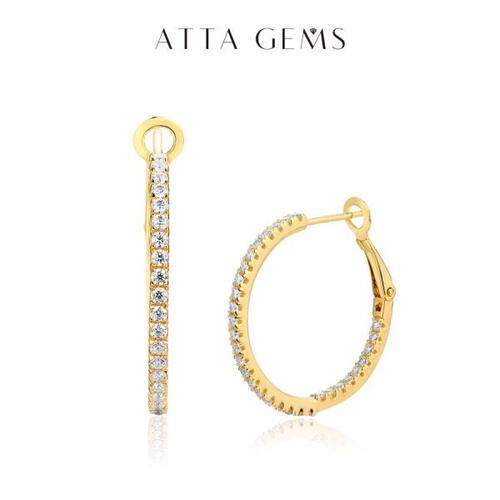 Attagems-모이사나이트 후프 여자 귀걸이, 1.5mm D 컬러 925 스털링 은도금 옐로우 다이아몬드 귀걸이 결혼식 웨딩 파인 쥬얼리