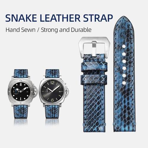 가죽 시계줄 핸드메이드 블루 블랙 스네이크 스킨 손목밴드, 20 22 24 26MM, 두꺼운 가죽 팔찌, 레트로 스타일, PAM111 441 에 적합