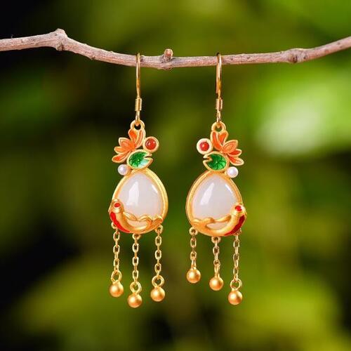 GOS 귀걸이 S925 Silver Inlay Natural Hetian Jade White Jade Drop-Shaped Earrings Retro Personalized Ena