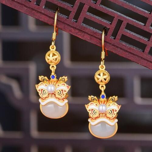 GOS 귀걸이 S925 Sterling Silver Inlaid Natural Hetian Jade Earrings Lion Dance National Fashion Earring