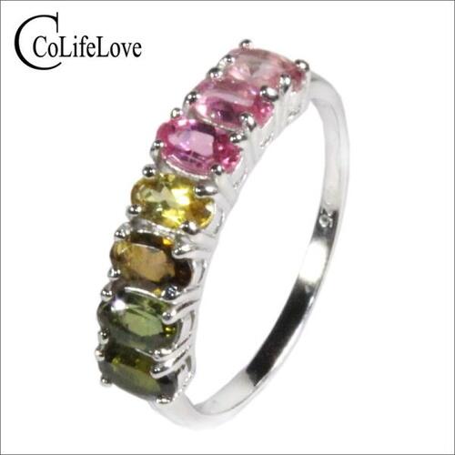 Colife 토르말린 반지 여아용 로맨틱 생일 선물 레인보우 반지, 천연 토르말린 은반지, 솔리드 925 실버 토르말린 반지, 7 가지 색상