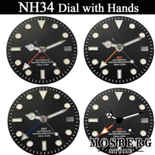 시계 다이얼 블랙 29mm 무균 시계 다이얼, 시계 스틱 녹색 야광 적합 NH34 NH35 자동 무브먼트 액세서리 부품