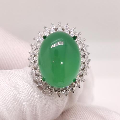 Colife 옥반지 Double Halo Gemstone Ring 12ct 12mm x 16mm Natural Green Chalcedony Silver Ring 18K Gold