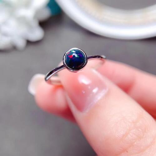 Colife 오팔 반지 Simple Cabochon Gemstone Ring 5mm Natural Black Opal Ring 18K Rose Gold Plating 925 Sil