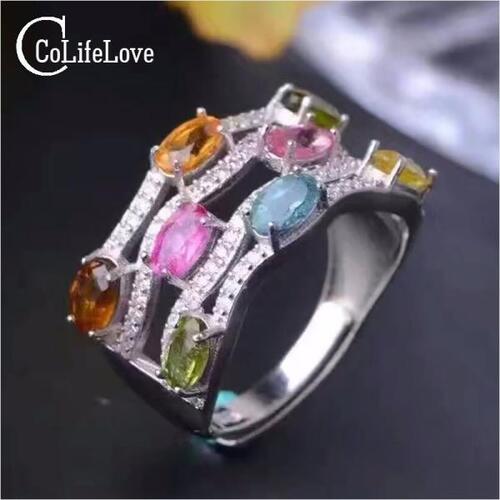 Colife 토르말린 반지  여러 가지 빛깔의 보석 반지 3 x 5mm 천연 전기석 반지 솔리드 925실버 전기석 반지 여자 로맨틱 한 선물