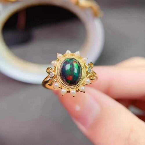Colife 오팔 반지 Yellow Gold Plating Black Opal Ring 6mm x 8mm Natural Opal Silver Ring for Party Vintag