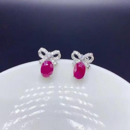Colife 루비 귀걸이 Classic Silver Bow-knot Earrings for Daily Wear 4mm x 6mm 100% Natural Ruby Stud Earri