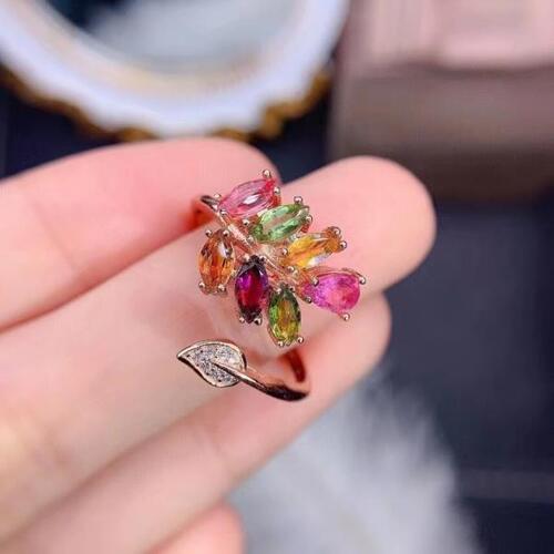 Colife 토르말린 반지 Multi-color Natural Tourmaline Ring for Party Total 1.6ct Tourmaline Silver Ring Gift