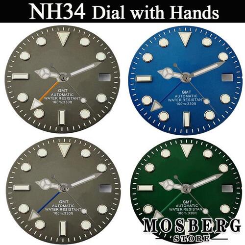 시계 다이얼 블루 29mm 무균 시계 다이얼, 시계 스틱 녹색 야광 적합 NH34 NH35 자동 무브먼트 액세서리 부품