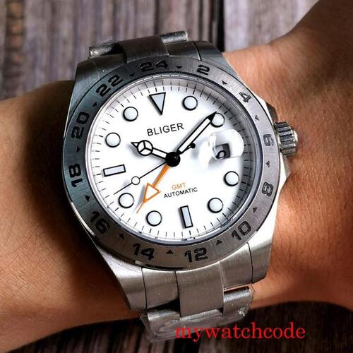 MWC 43mm Bliger 기계식 자동 GMT 남자 시계 화이트 다이얼 사파이어 유리 굴 팔찌 날짜