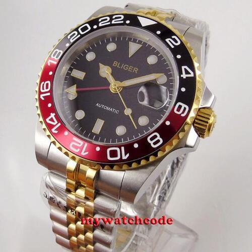 MWC 40mm 블리 거 금도금 코팅 다이얼 사파이어 옐로우 스테인레스 스틸 케이스 GMT 럭셔리 남자 시계