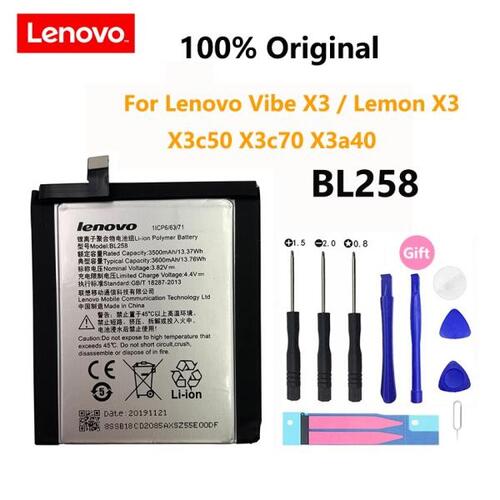 레노버 바이브 X3/레몬 X3 X3c50 X3c70 X3a40 충전식 전화 배터리 Bateria 용 100%  리얼 3600mAh BL258 배터리