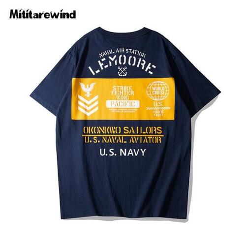 남자 아메리칸 빈티지 밀리터리 스타일 반팔 티셔츠 라운드넥 면 상의 그래픽 스트릿 여름 해군